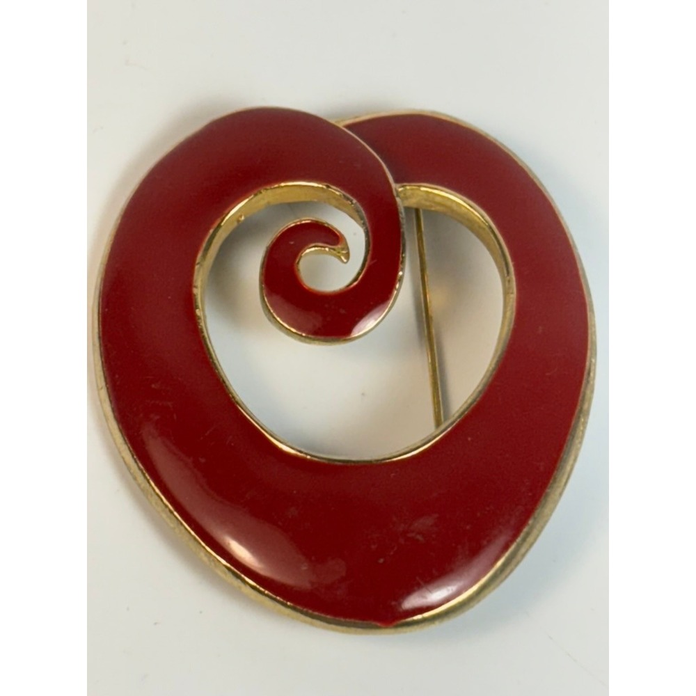 Vintage Swirl Brooch Red Enamel Gold Tone Chunky Statement Pin Boho Goth 90s